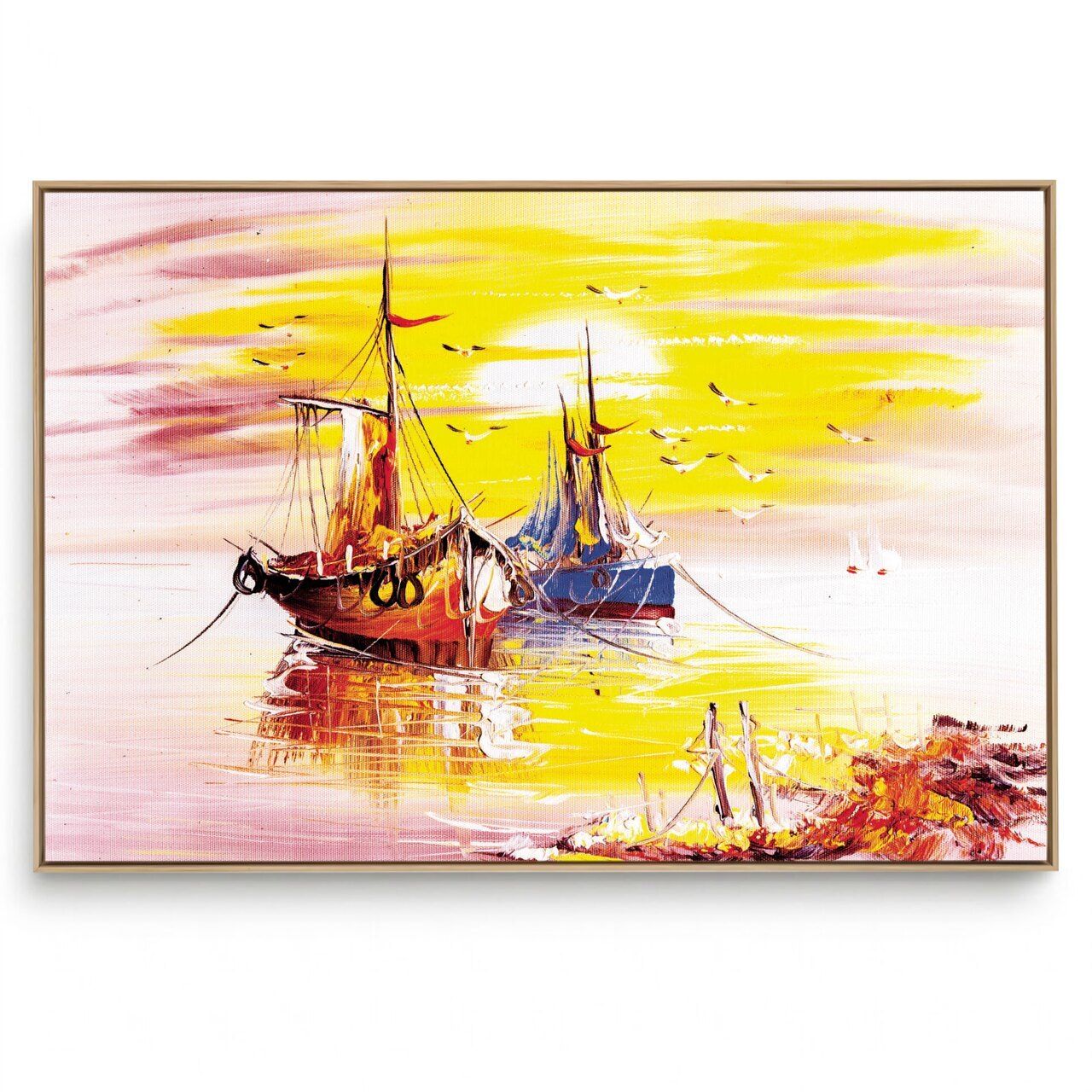 Quadro Decorativo Paisagem  Barcos Pôr do  Sol