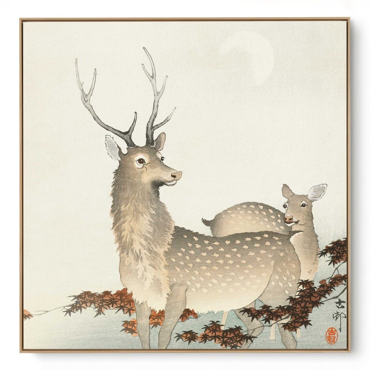 Quadro Decorativo Reprodução Pintores - Ohara Koson - Casal De Veados