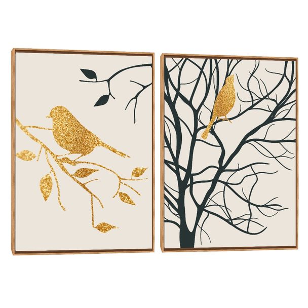 Quadros Decorativos Composição Duplo Pássaro Dourado
