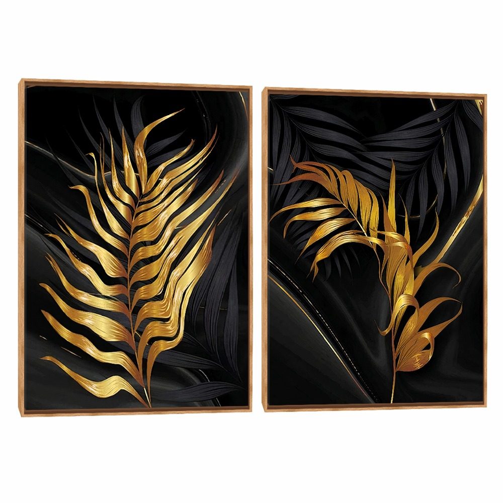 Quadro Decorativo Composição Duplo Folhagem Preto Ouro