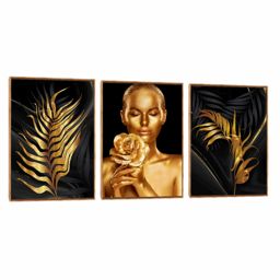 Quadro Decorativo Composição Trio Folha Rosa Ouro