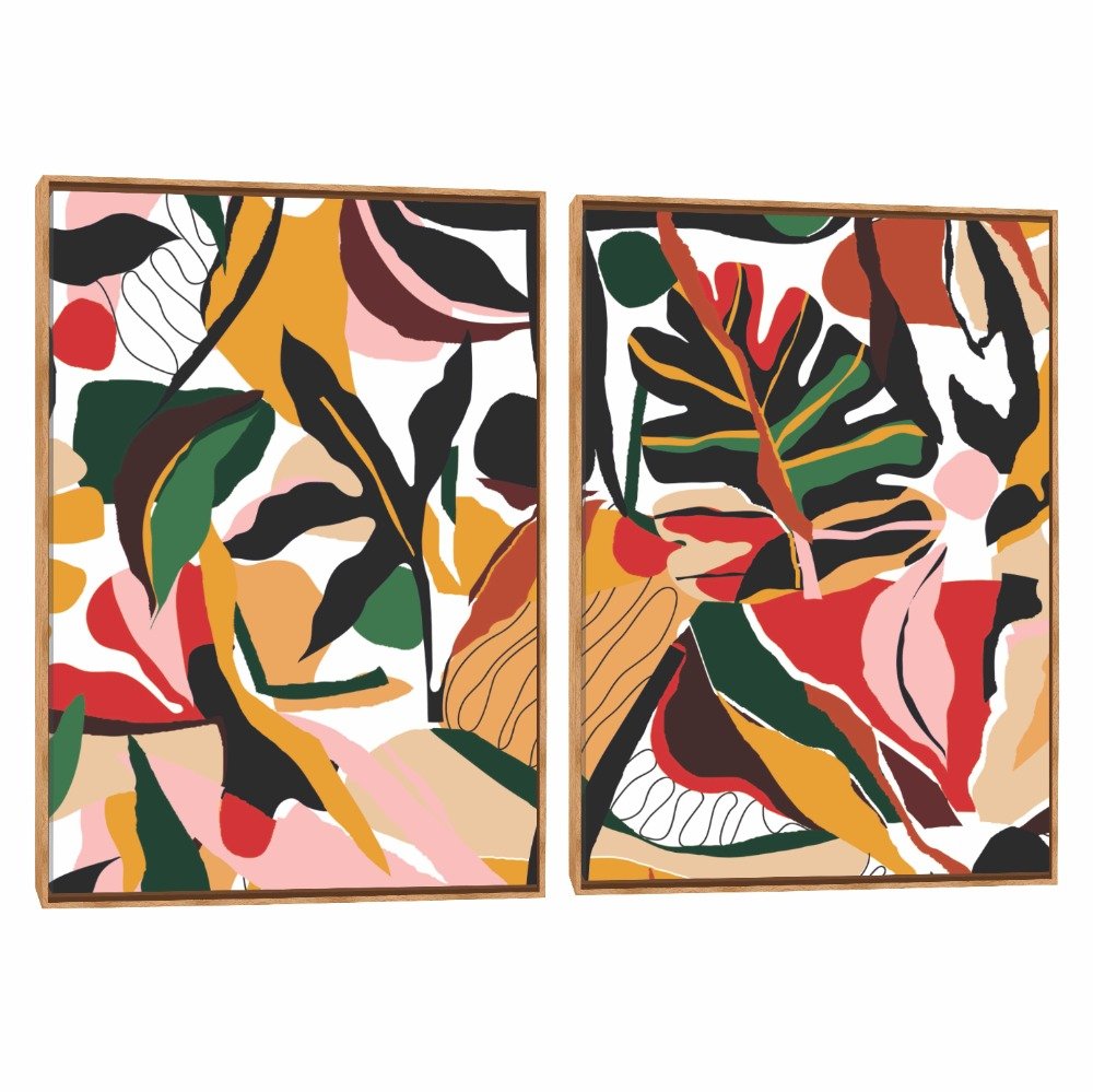 Quadro Decorativo Composição Duplo Arte e Folhas 