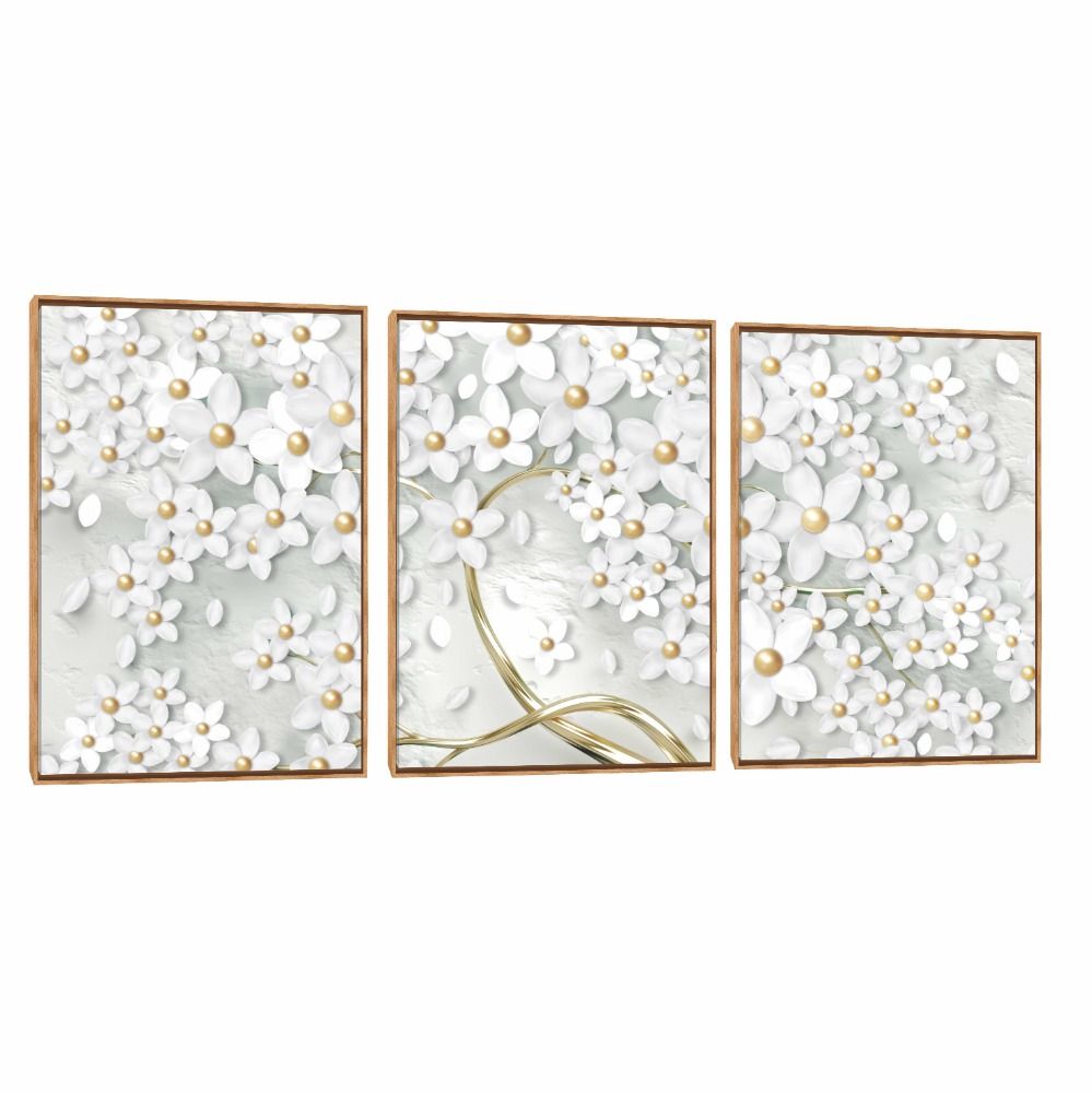Quadro Decorativo Composição Trio Árvore Branca e Dourada