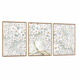 Quadro Decorativo Composição Trio Árvore Branca e Dourada