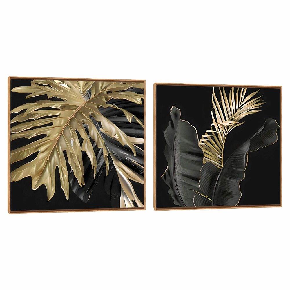 Quadro Decorativo Composição Duplo Folha Cinza Dourado