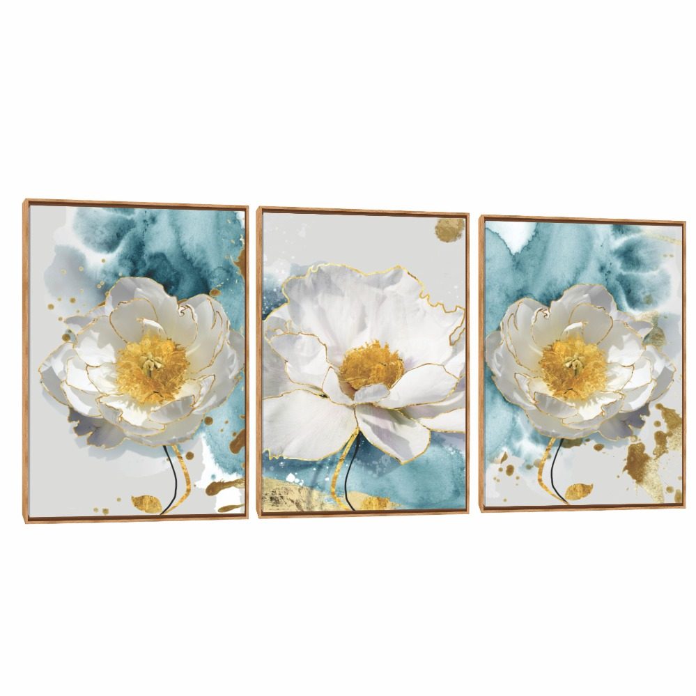 Quadro Decorativo Composição Trio Camélia Dourada