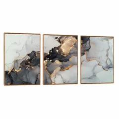 Quadro Decorativo Abstrato Composição Trio Cinza e Dourado