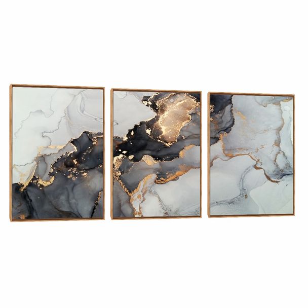 Quadro Decorativo Abstrato Composição Trio Cinza e Dourado