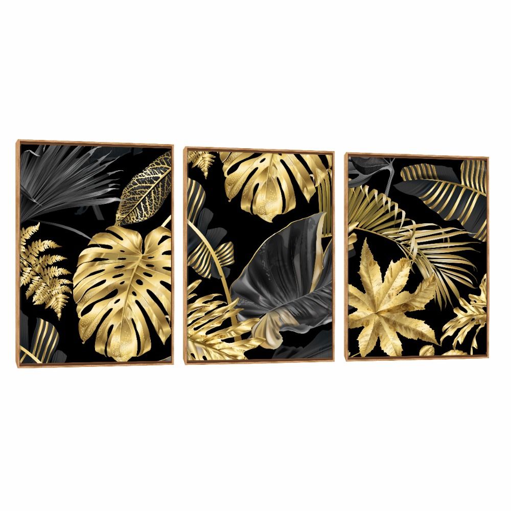 Quadro Decorativo Composição Trio Folhagem Dourada
