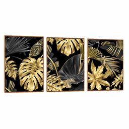 Quadro Decorativo Composição Trio Folhagem Dourada