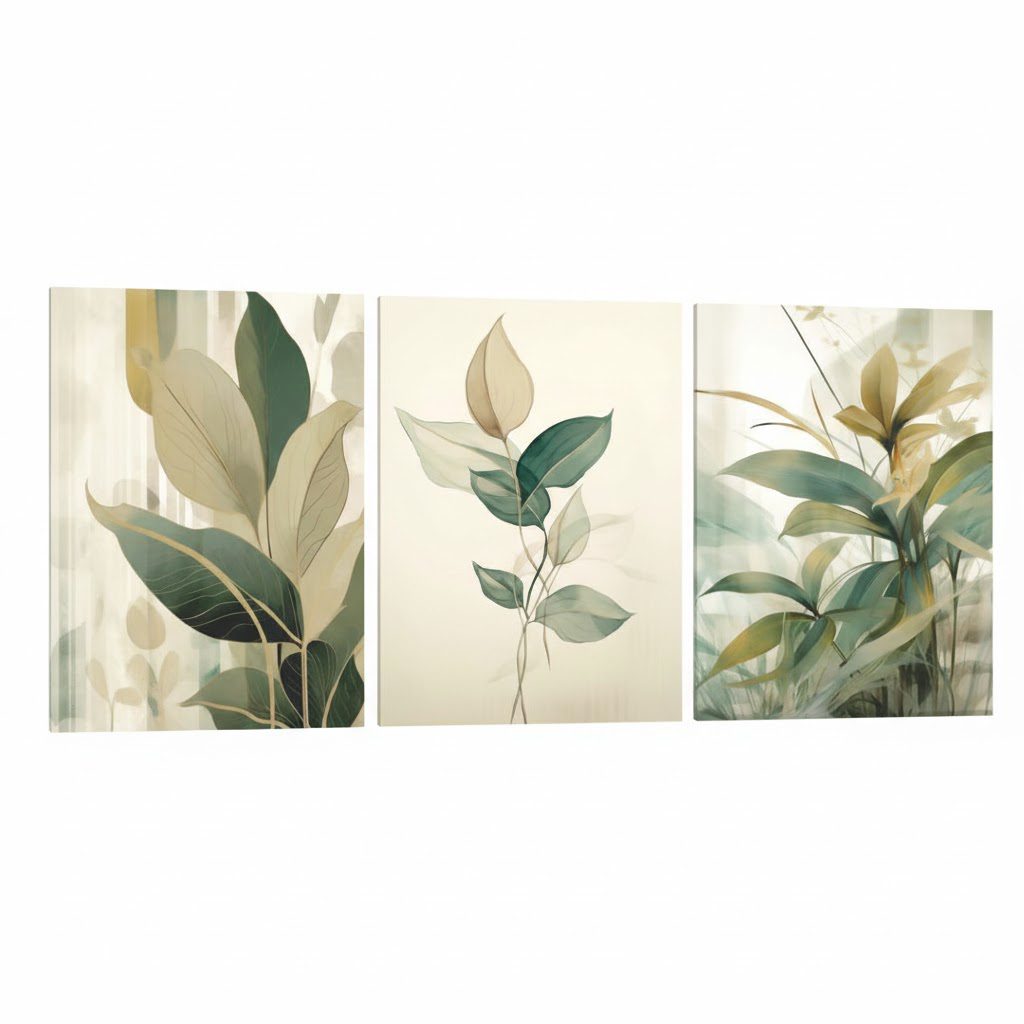 Quadro Outlet - Trio Folhagem Aquarela 90x60cm Borda Infinita - 30% Off